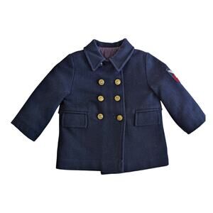 Vintage Wool Pea Coat 2T Navy Blue Nautical Preppy Classic Anchor Gold Button